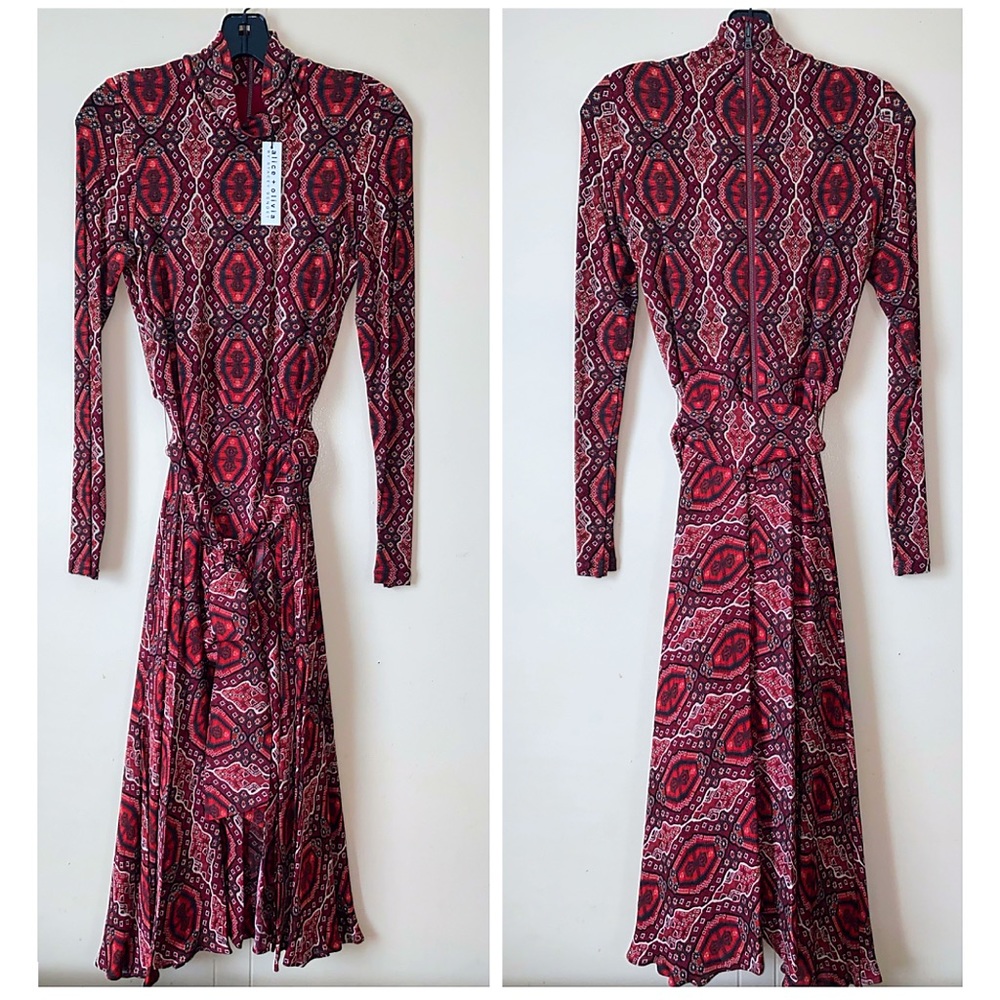 Alice + Olivia Clare Turtleneck Long Sleeve Midi Boho Burgundy Red Dress - Picture 7 of 16